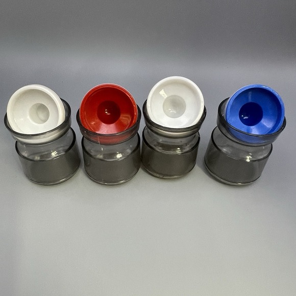 Vtg‎ 4 MCM Storage Jars Desk Organization Red Blue White Ball Lids Retro *Read - Picture 2 of 9